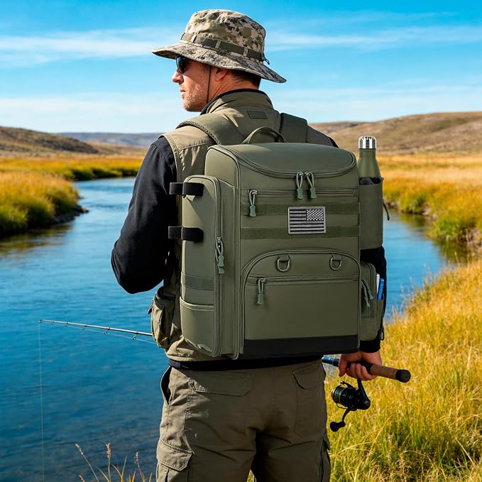 40L Fishing Backpack Water Resistant Fishing Tackle Bag with 2 Rod Holders, Tackle Storage Bag for Anglers(Green Bag Only)