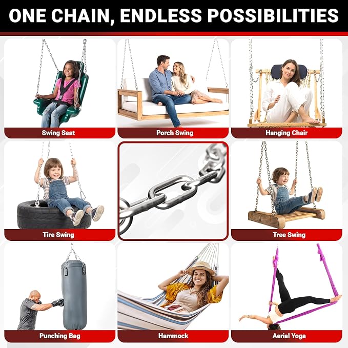 sprookber 1000LB Heavy Duty Hanging Swing Chain, 6mm Thick 304 Stainless Steel Hanging Chain with 4 Carabiners, 45" Hardware Kit for Hammock, Hanging Chair, Punching Bags, Tree, Indoor & Outdoor
