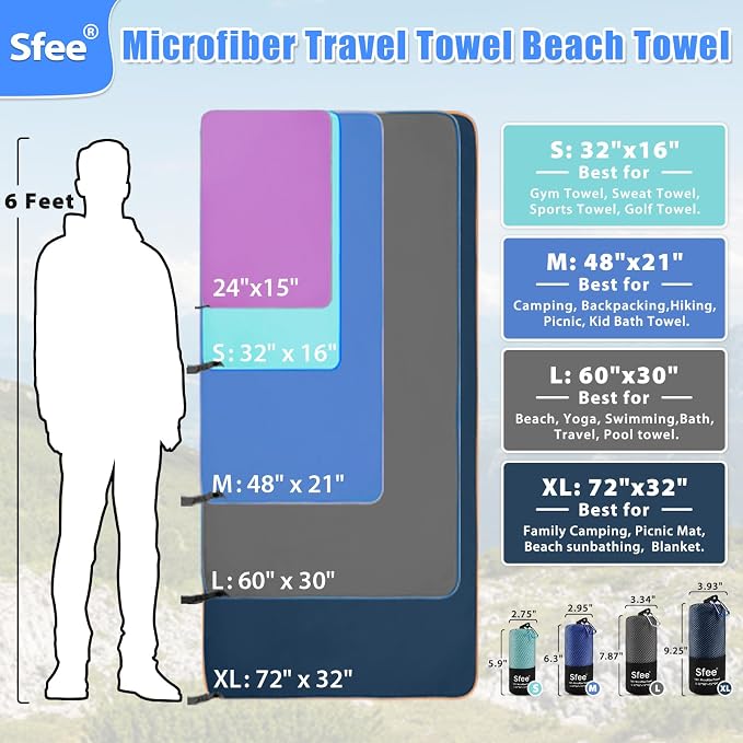 Sfee 4 Pack(8Pcs) Microfiber Travel Towel, Quick Dry Towel Camping Towel Large Beach Towel Super Absorbent Compact Lightweight Sports Gym Towels Set for Beach, Gym, Hiking, Pool, Backpacking,Bath,Yoga