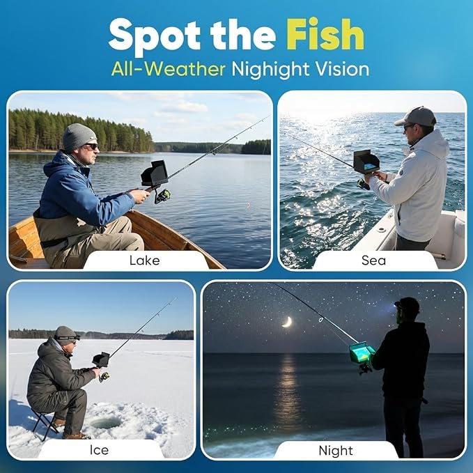 Underwater Fishing Camera with 5" IPS Monitor, 98ft Cable, 12 IR LEDs, IP68 Waterproof, 8000mAh Rechargeable for Ice Fishing, Lake, Dock & Boat Use