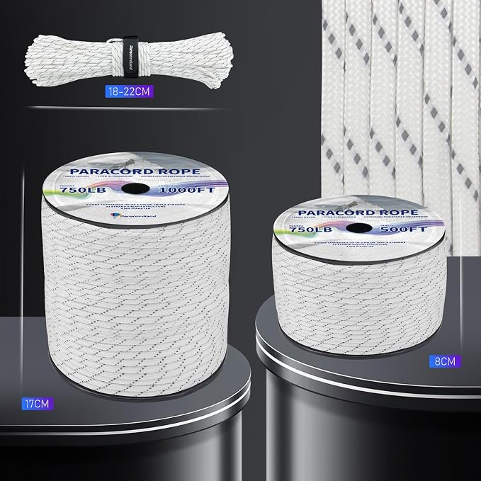 Paracordland-750LB Reflective Rope-100ft/500ft/1000ft- 9 Strand Parachute Spool Cord Heavy Duty String Ideal for Survival Gear Bracelet Camping Hikig Fishing-Reflective White-1000FT