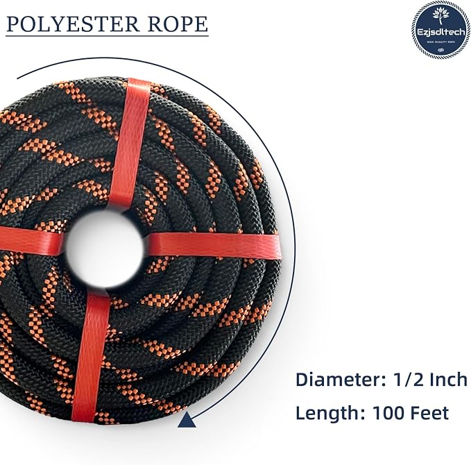 1/2 in x 100 ft Polyester Arborist Rigging Rope, Black Braided Tree Climbing Rope 48 Strands for Farm Work and Swinging