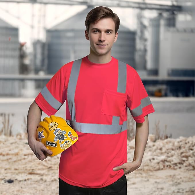 TCCFCCT Construction High Visibility Shirts - Men's & Women's Short Sleeve Work Shirts with Reflective Strips, Durable & Breathable, DC-Pink M