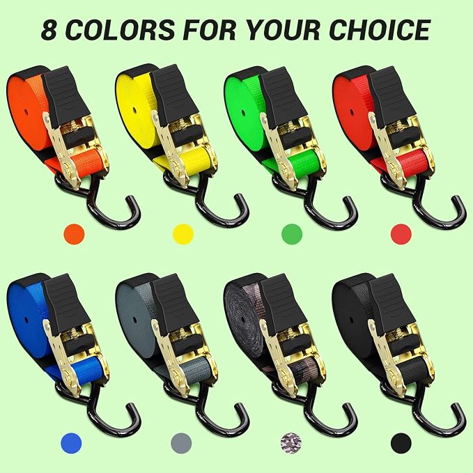 Ratchet Tie Down Strap 8-Pack 15 Ft - 500 lbs Load Cap with 1500 lbs Breaking Limit, Ohuhu Ratchet Tie Downs Logistic Cargo Straps for Moving Appliances, Motorcycle, Green