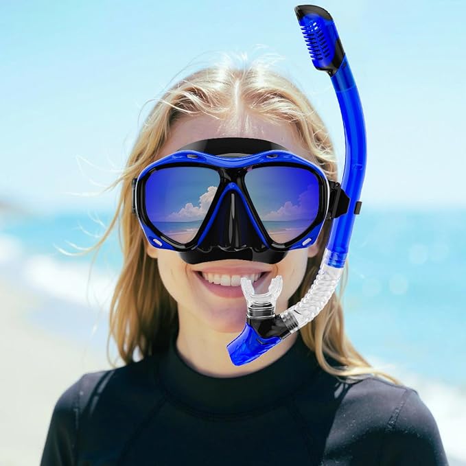 Snorkeling Gear for Adults, Snorkel Mask With Mirrored Tempered Glass Lens 180° Wide View Anti-Fog Scuba Diving Mask, Professional Snorkel Set for Swimming Diving, Gifts for Women Mom Men Dad