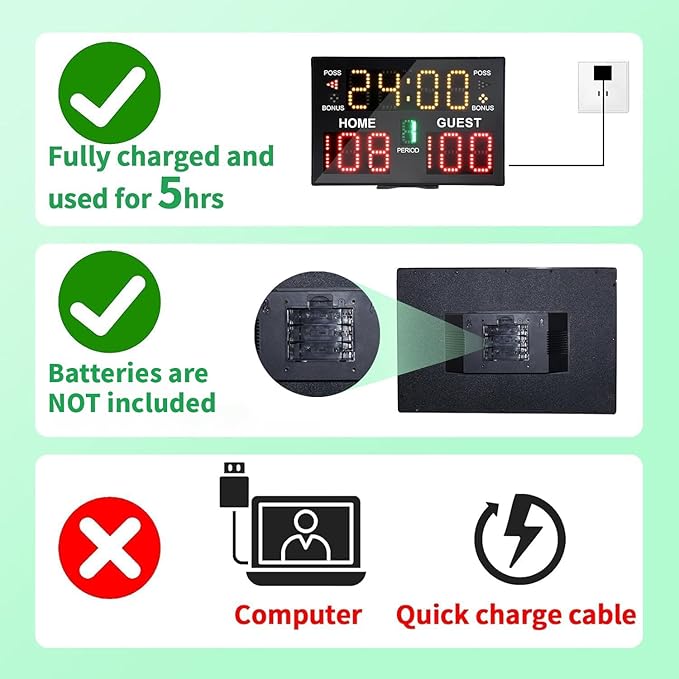 Portable Digital Scoreboard with Remote, LED Electronic Score Keeper, Battery Powered Basketball Score Board, Outdoor Scoreboard for Indoor Outdoor Courts & Sports Events