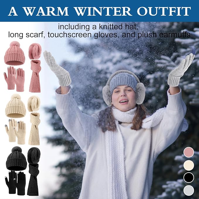 16 Pcs Women Hat Scarf Gloves Ear Muffs Set Winter Knitted Pom Beanie Hats Scarf Touch Screen Gloves for Men Adult Homeless