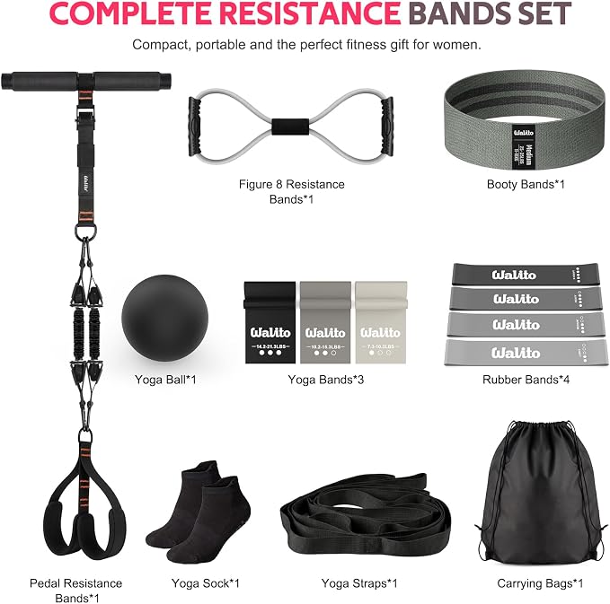 WALITO 15 PCS Pilates Kit, Adjustable Pedal Resistance Band with Handle, Figure 8 Resistance Band for Exercise Women, At Home Workout Equipment Set with Yoga Ball & Booty Bands for Full Body Gym