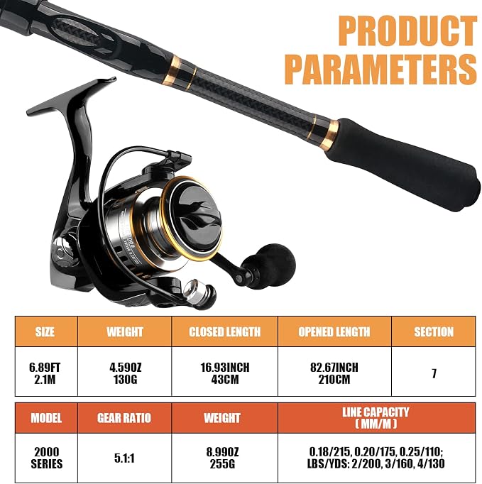 Carbon Fiber Telescopic Fishing Rod Reel Combo with Compact Carrier Bag | Portable Collapsible Spinning Pole Reel Kit Fishing Gear Set Travel Fishing Rod Kit Fishermen Gift for Freshwater Saltwater