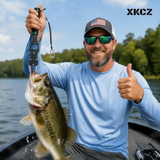 XKCZ 2-in-1 Fish Gripper with Scale, 40lb Fish Lip Gripper, One-Hand Fish Grabber with 360° Swivel, CNC-Machined Aluminum Fishing Gripper Tool with Lanyard for Bass, Saltwater Freshwater Fishing
