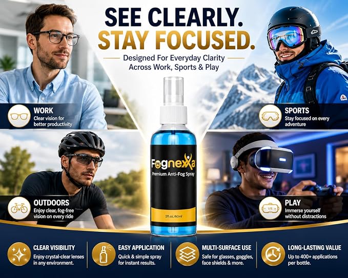 2fl Oz Fognexxa Premium Anti Fog Spray for Glasses, Goggles, VR Headsets & Face Shields, 24 Hour Fog Protection, Safe for Coated Lenses, 400+ Applications, Made in USA