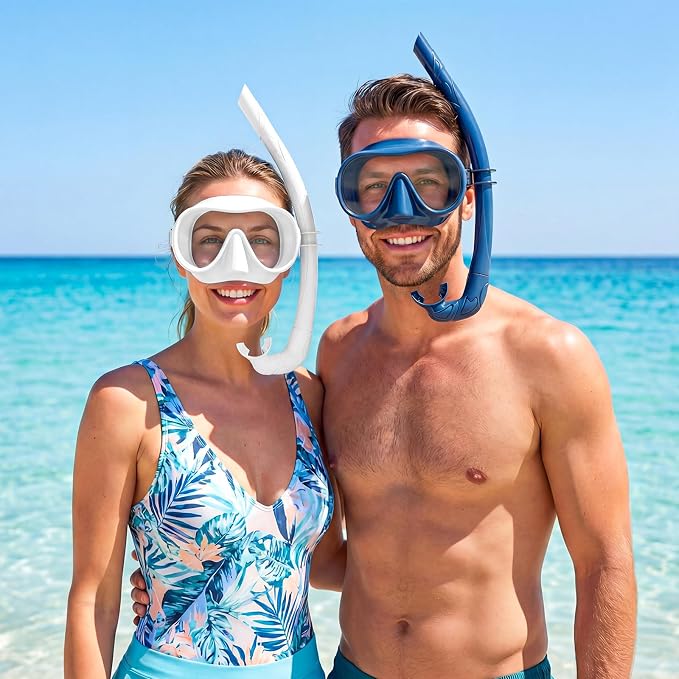 Snorkeling Gear for Adults, Snorkel Set Adult, Scuba Diving Mask, Panoramic View Anti-Leak Anti-Fog Dive Swimming Goggles Tempered Glass Panoramic Wide View Travel Portable Foldable