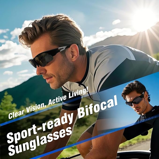 Attractive Bifocal Reading Sunglasses for Men, Durable TR90 Semi Rimless Wrap Around Design Sun Readers, UV400 Near-Far Sun Glass Built in Outdoor Sports/Driving/Finshing Dark Glasses, +2.0