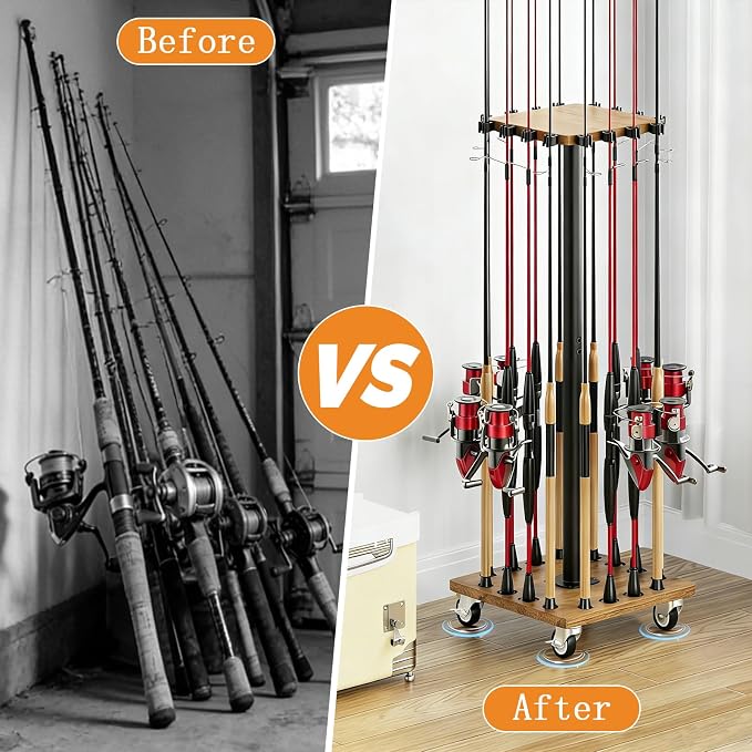 Fishing Rod Holders for Garage 360° Rotating Fishing Pole Rack, Floor Stand Holds up to 16 Poles Fishing Gear Equipment Storage Organizer, Fishing Gifts for Men Women, Brown