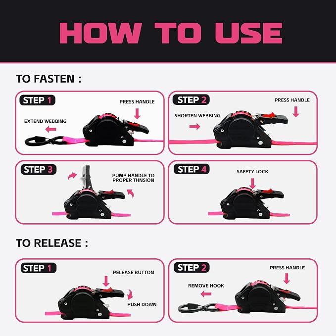 Retractable Ratchet Straps (2-Pack) - Heavy Duty Auto Slow Retraction Tie Down Straps - 1 Inch x 13 Feet (1,800lb Break Strength) for Truck, Cargo Trailer, Motorcycle, ATV, UTV - Pink