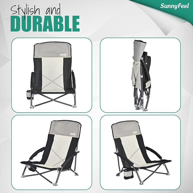 SUNNYFEEL Folding Low Camping Beach Chair 2 Pack, Portable Backpacking Chairs with Cup Holder,Carry Bag Compact & Heavy Duty for Adults 300 LBS for Outdoor Picnic Fishing Sand Lawn