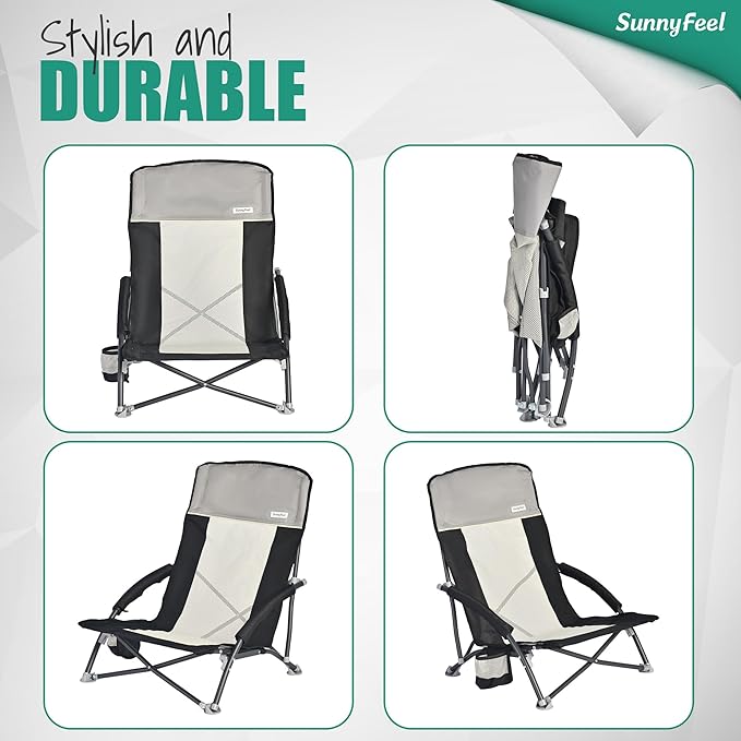 SUNNYFEEL Low Folding Beach Chair for Adults, Portable Lightweight Sling Beach Camping Chairs with Cup Holder, Armrest,Foldable Camp Lawn Chair for Outdoor Sand Concert Travel Sport Events,300LBS