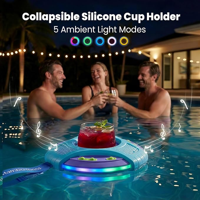 Mambobaby Float Bluetooth Speaker with Foldable Cup Holder, IPX7 Waterproof Bathroom Speaker, 360° Surround Sound, Colorful LED Lights, Dual Speakers, Ideal for Pool, Beach & Outdoor Use-Blue Purple