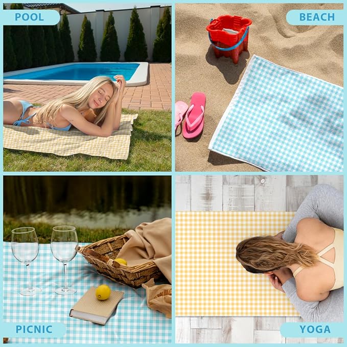 2 Pcs Microfiber Beach Towel Sand Free Quick Dry Oversized Yellow White Gingham Checkered Lightweight Travel Pool Towels for Adults Swim Camping 71 x 32 Inches