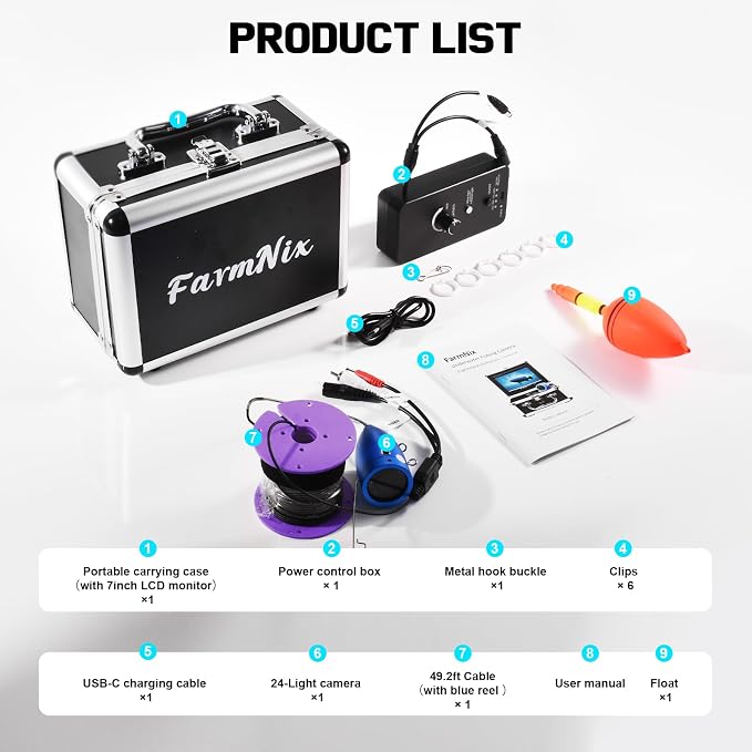 Underwater Fishing Camera 7 inch LCD Monitor Fish Finder Waterproof 1200TVL Fishing Camera 12 White LEDs +12 IR LEDs Infrared Lights for Lake, Boat, Ice Fishing