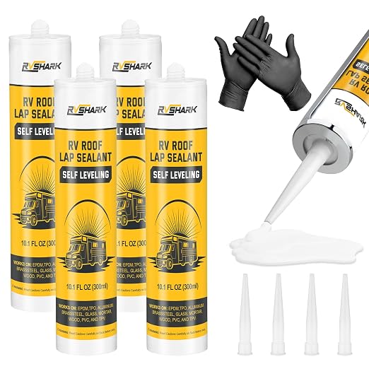 RV Roof Sealant 4 Pack, 30 Seconds Self Leveling Lap Sealant โ White, Fast Curing Waterproof Flexible Caulk RV Sealant with Gloves for Camper Trailer Roofs Maintenance Repair