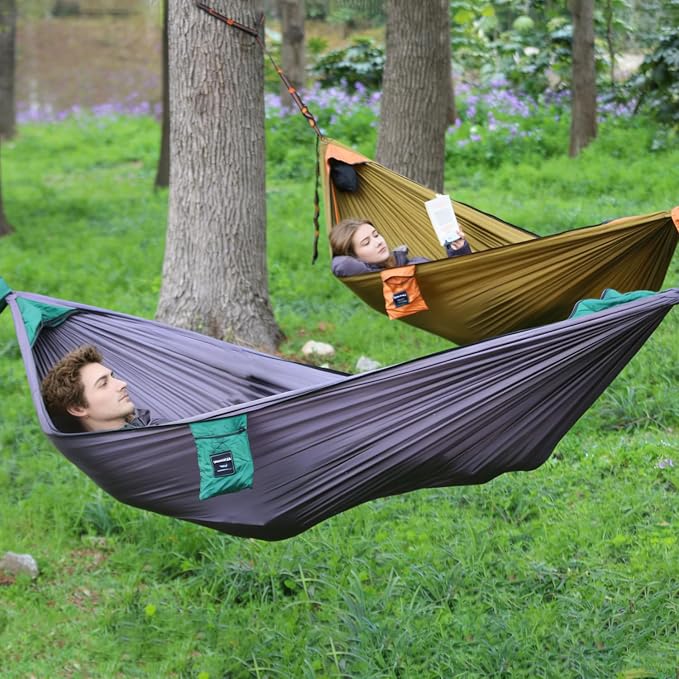Camping Hammock with Integrated Mosquito Net, Ultralight Backpacking Hammock with Tree Straps & End-Aligned Stuff Sack, 210T Parachute Nylon Single Outdoor Portable Hammock-Olive Green & Orange