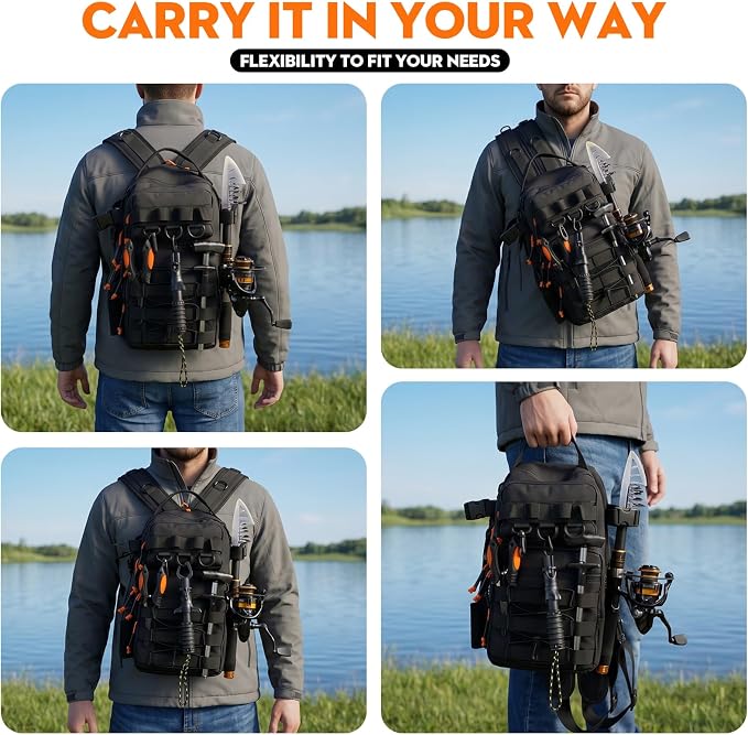 Fishing Backpack with Spinning Rod Reel Combos Tackle Box,Portable Travel Fishing Rods Kit,Fishing Sling Tackle Bag with Rod Holders,Fishing Gear Gifts for Men with Fishing Lures,Pliers