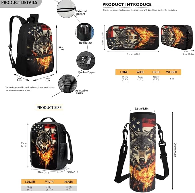 Cool Fire Wolf Backpack for Girls School Bag with Lunch Bag Pencil Case Water Bottle Holder Large Capacity American Flag Schoolbag 4 Piece Elementary School Bags Set