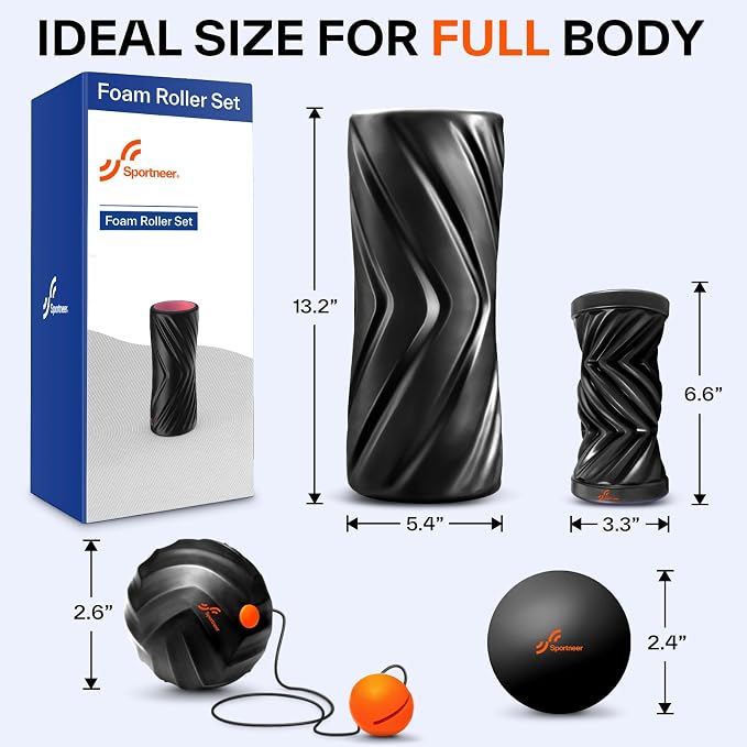 Sportneer 4 in 1 Foam Set, Muscle Relax Kit with 2 Textured Foam Pilates Rollers, Stringed Exercise Ball, Lacrosse Ball for Muscle Shoulder Back Leg Whole Body Relax Fitness Yoga