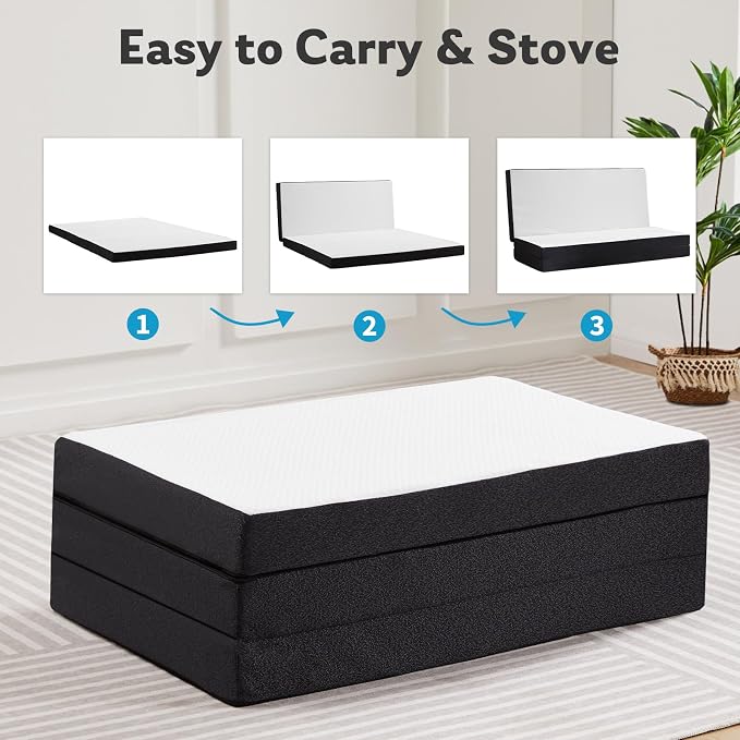 Folding Memory Foam Pads, 4" Tri-Fold Full Topper with Washable Cover, Non-Slip Portable Guest Floor Bed for Travel Camping