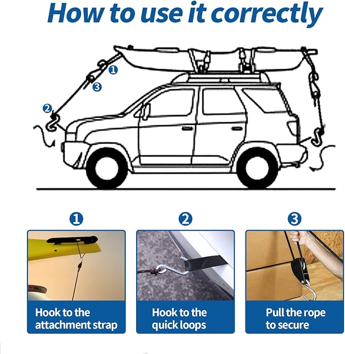 Mind and Action Kayak Tie Down Straps,Quick Hood Loops Trunk Anchor,Canoe Transport Accessories Secure Vehicle Lashing Point (2 Straps+2 Pulley Hooks)