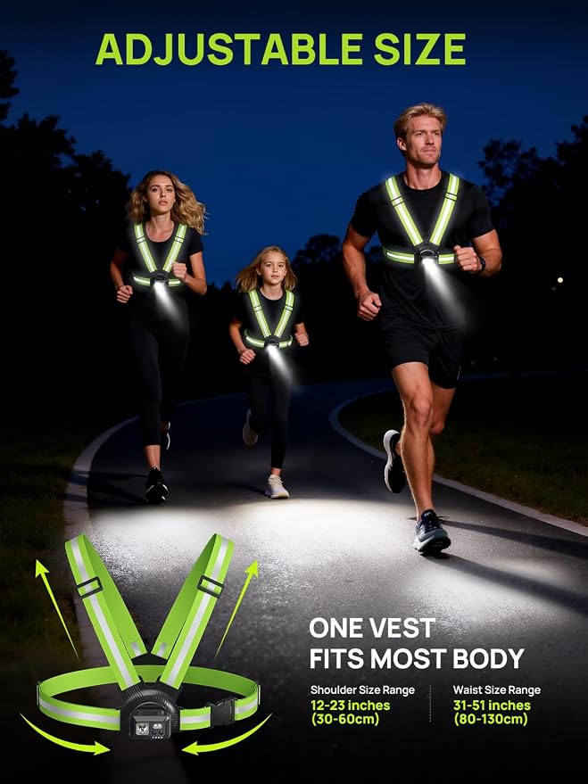 Acso Running Lights for Runners, 500 Lumens Running Light with 360°Reflective Vest, 45° Adjustable,IPX5 Waterproof Rechargeable Light Up Gear for Night Walking/Cycling/Jogging/Hiking