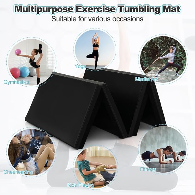 Goplus Gymnastics Mat, Folding Tumbling Mat with Carry Handles, Hook & Loop Fasteners, 4 Panels for Fitness Exercise Yoga Stretching Aerobics Workouts, Thick Gym Mats for Home