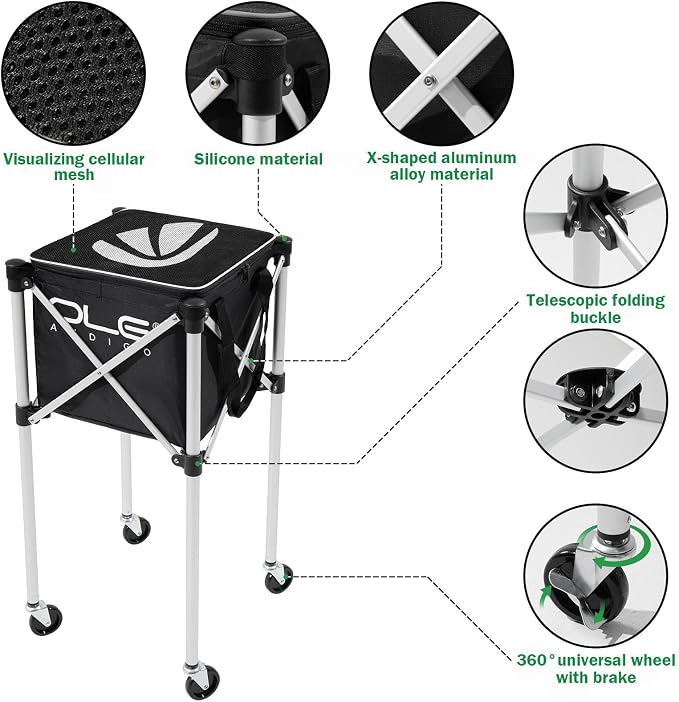 Tennis Ball Hopper Tennis Ball Basket with Side Pockets Lightweight Tennis Ball Cart Holds 160 Balls, Portable Sports Teaching Cart with Wheels for Tennis Player