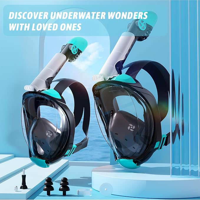 Greatever G2 Full Face Snorkel Mask for Adults Kids, 2 Pcs Snorkeling Set with Foldable Design, Dry Top System, 180° Panoramic View, Anti-Fog & Anti-Leak, Safe Breathing with Camera Mount Included