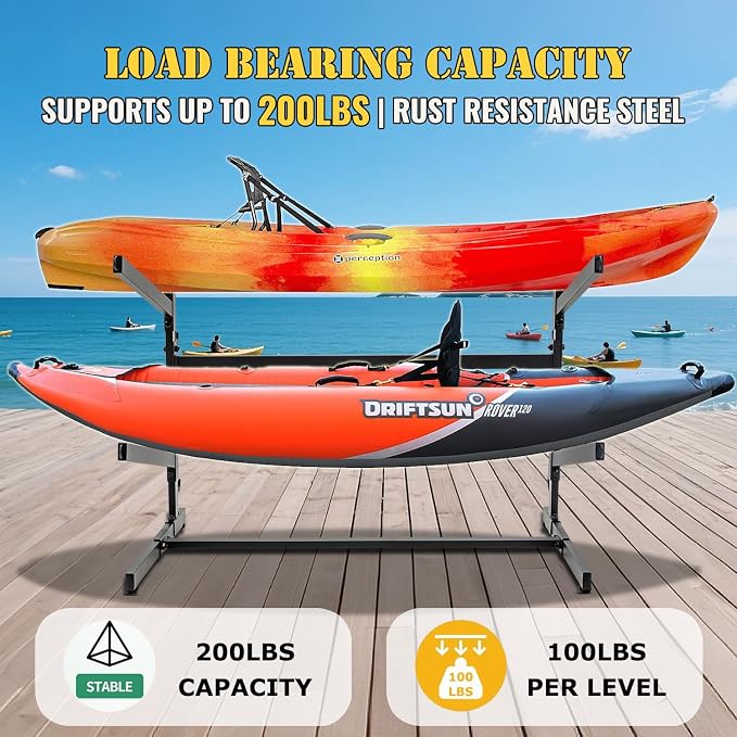 Kayak Storage Rack, Heavy Duty 2 Level Freestanding Rack for Garage and Outdoor Storage, Holds Kayak, Canoe, Surfboard & Paddleboard, Steel Construction with Felt Padding