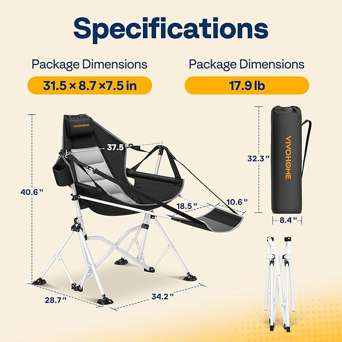 VIVOHOME Hammock Camping Chair with Removable Footrest, Portable Outdoor Swinging Rocking Chairs for Adults with Adjustable Pillow, Back and Height for Travelling,Backyard, Patio, Supports 400 lbs