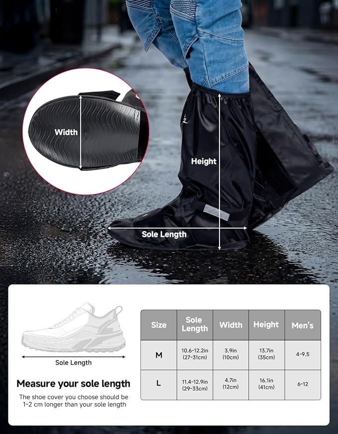 KEMIMOTO Waterproof Half-Sole Rain Shoe Covers, Boot Covers with Waterproof Zipper, Non-Slip, Men Rain Gear Reflector, Black