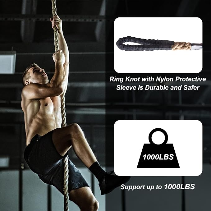 Climbing Rope Gym Exercise Ropes - 1.5 Inch Diameter 10FT 15FT 20FT 25FT 30FT 35FT 40FT 50FT Climb Rope for Fitness & Strength Training, Workout Climbing Rope for Adults Kids Home Indoor or Outdoor