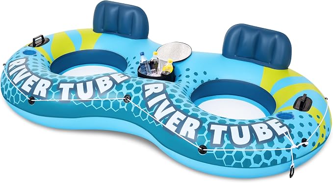 SLOOSH 2-Person Inflatable River Tube - Heavy Duty River Run Tubes Pool Lake Floats for Adults, Large Floating Raft Lounge Above Water Floaties with 2 Cup Holders & Removable Cooler