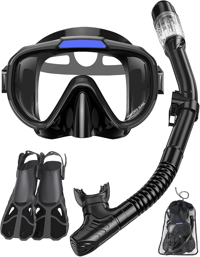 Snorkel Set with Fins for Adults, Snorkeling Gear for Adults Men and Women, Snorkle, Mask Set Adults Dry Top Snorkel Mask Combo Set with Travel Bag for Snorkeling, Diving, Swimming