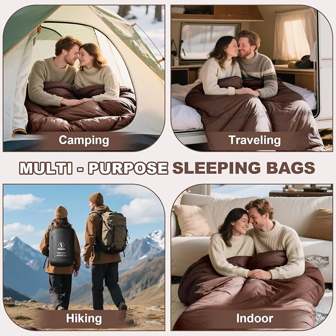 0 Degree Flannel Double Sleeping Bag for Adults, Couples or Family - Winter Queen Size Waterproof & Warm 2-Person Sleeping Bag for Cold Weather Camping, RV Travel