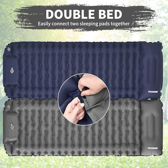 Camping Sleeping Pad, Connectable Design for Double Mat, Ultralight Inflatable Sleeping Mat with Pillow, Built-in Foot Pump, Portable Camping Air Mattress for Backpacking Hiking Tent (Grey)
