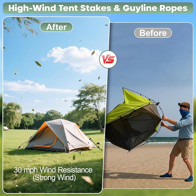 4 Pack Screw-in Tent Stakes, 17.7" Heavy Duty Spiral Ground Anchors (8mm Solid Steel, 1.5" Helix) w/ 4×8ft Ratchet Guy Lines, M12 Wrench & Bag for Camping Tents, Canopies, Tarps, Beach Sand