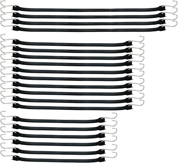XSTRAP STANDARD 20 Pack Multiple Size Natural Rubber Tarp Bungee Straps 100% EPDM Tie Down Cords with S Hooks Heavy Duty Ideal for Securing Tarps