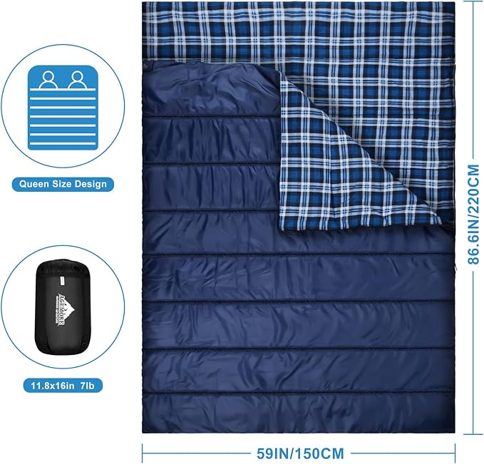 Cotton Flannel Double Sleeping Bag for Camping, Backpacking Or Hiking. Queen Size 2 Person Waterproof Sleeping Bag for Adults Or Teens. Lightweight with Compression Sack