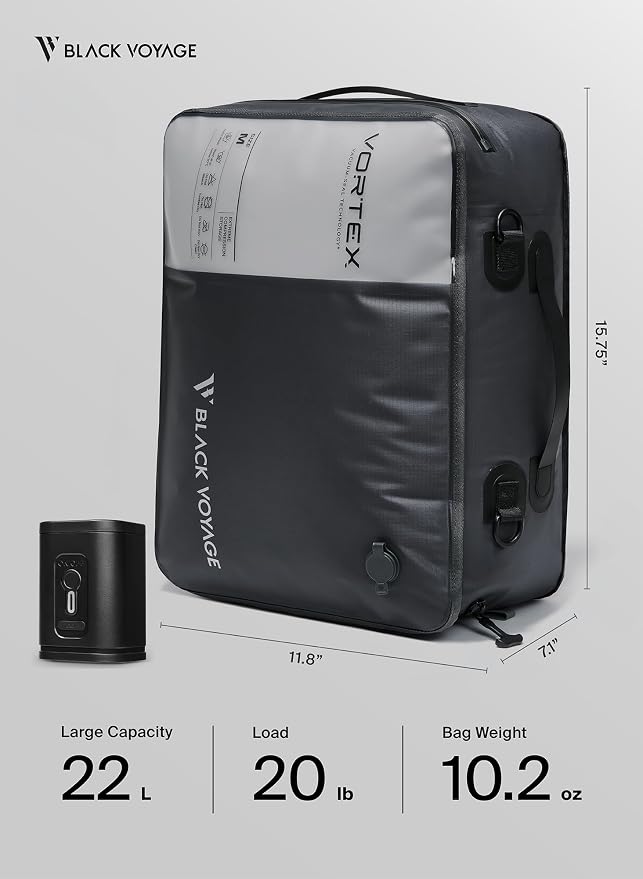 Black Voyage Reusable Vacuum Compression Travel Bag for Carry-On Suitcase and Backpack, Recycled IPX8 Waterproof Space Saver Vacpack (1-Pack, 21L - Pump Included)