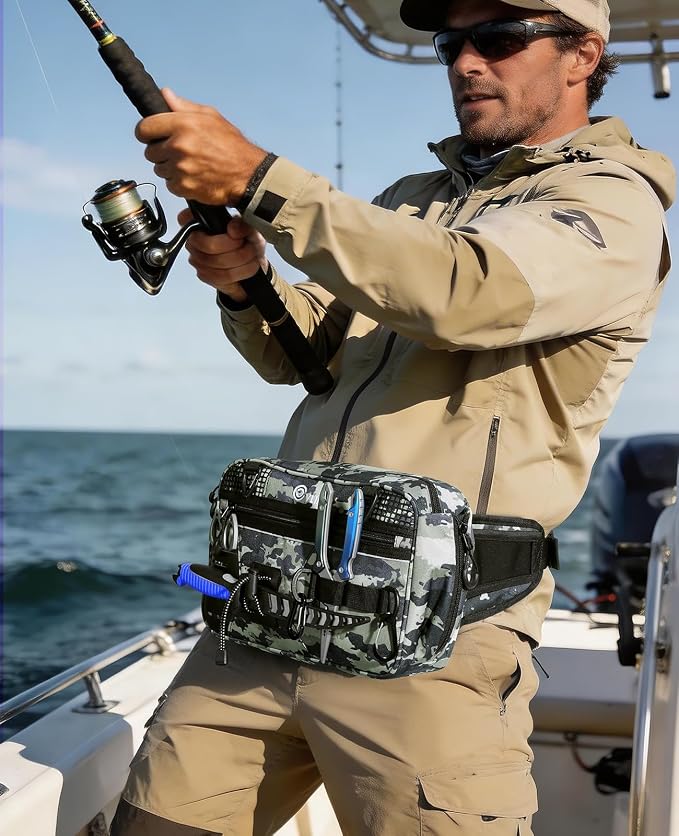 CVLIFE Fishing Tackle Bag Waist Pack with Rod Holder, Waterproof Fanny Pack | 900D Fabric, Convertible Carry, Detachable Shoulder Strap, Landing Net Holster, 3600 Tackle Box, Waterproof Pouch, Carabiners