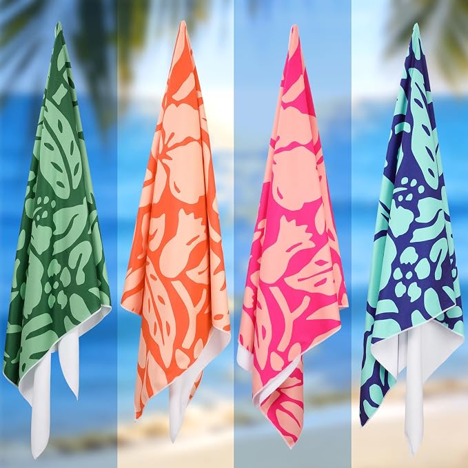 Tegeme 4 Pack Hibiscus Flower Microfiber Thin Beach Towel Lightweight 71x36 Oversized Extra Large Sand Free Towels Quick Dry for Travel Pool Yoga Sports Beach Accessories Vacation Essential Gift