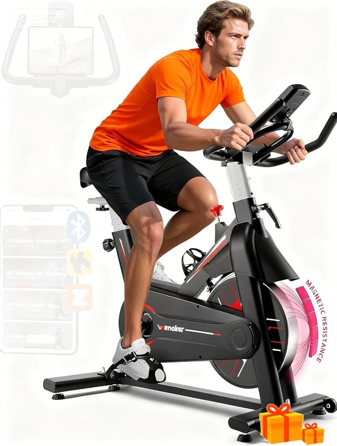 Wenoker Exercise Bike,Indoor Spin Bike with Adjustable Resistance Bluetooth Fitness App, 350 LBS Heavy Duty Frame,Smooth Quiet Belt Drive, Adjustable Handlebars & Seat with Transport Wheels